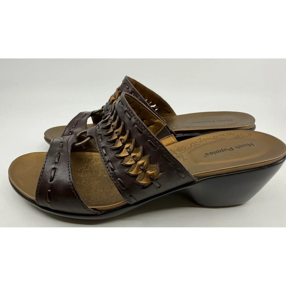 Hush Puppies Knotted Dark Brown Leather Wedge Slide Sandals H503083 Womens 8M